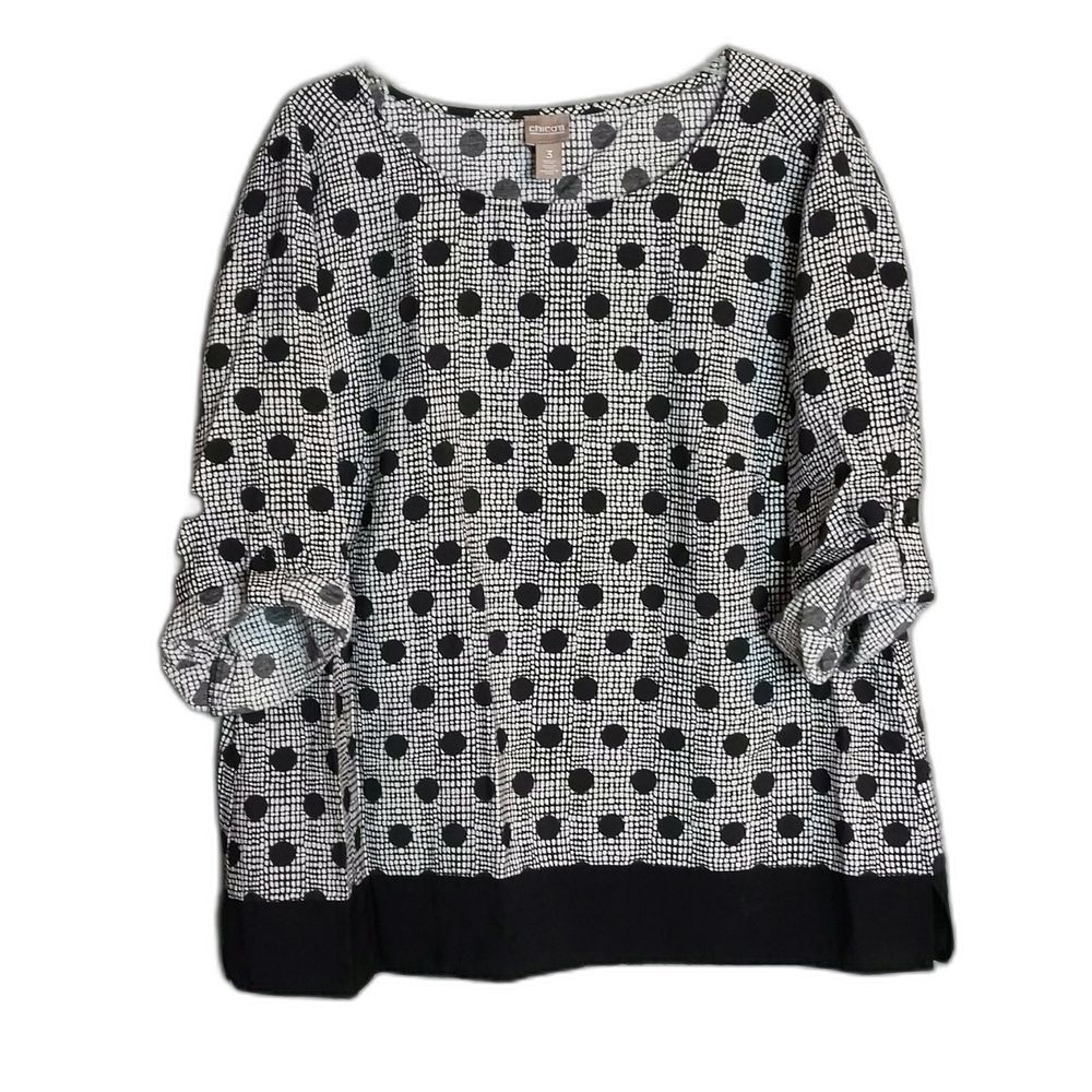 Chico's Black White Polka Dot Roll Tab Sleeve Blouse Women's Size 3